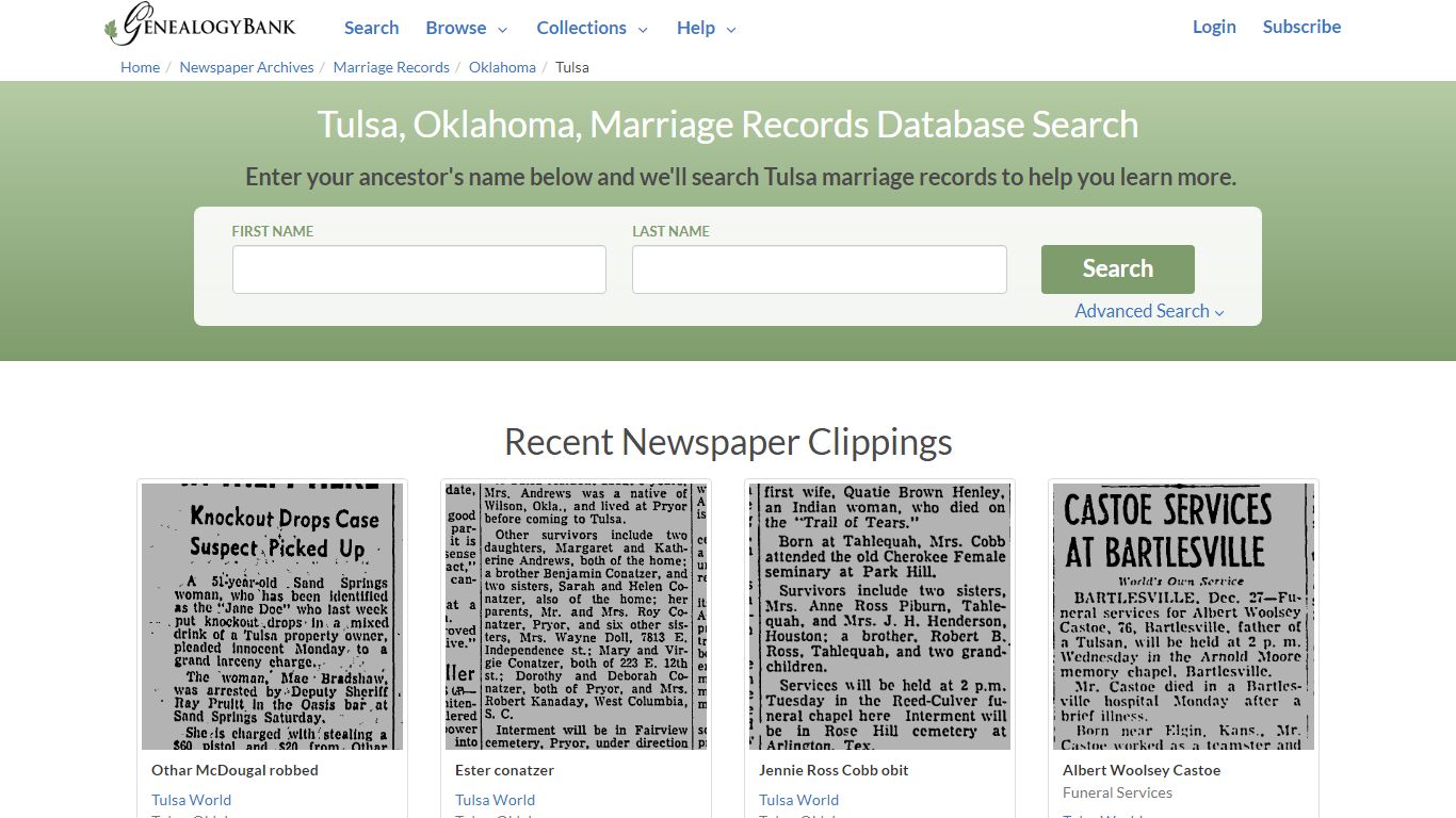 Tulsa, Oklahoma, Marriage Records Online Search - GenealogyBank