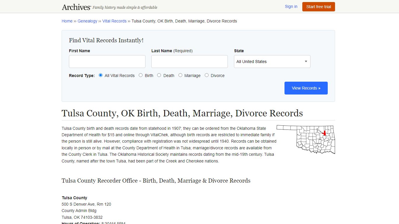 Tulsa County, OK Birth, Death, Marriage, Divorce Records - Archives.com